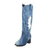 Round Toe Chunky Heel Denim Mid-Calf Long Boots Womens Heeled Jeans Slouchy Boots Girls Spring Autumn Shoes 2020 New