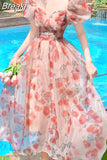 Floral Midi Dress Beach Style 2023 Summer Short Sleeve Elegant Dress Woman Boho Casual One Piece Dress Korean