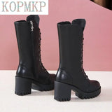 Women 7CM High Heel Boots Black Casual Mid Tube Knight Boots Round Toe Zipper Boots Autumn Winter Leather Warm Boots Size