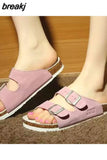 New Summer Men Beach Suede Cork Slipper Couple Shoe Casual Nubuck Leather Women Outdoor Double Buckle Slide