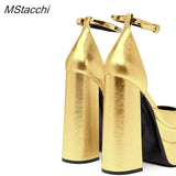 Platform Shoes Women Rhinestone Ankle Strap Prom Shoes Stylish Gold Silver Women Pumps Square Toe Thick Bottom