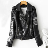 New Spring Autumn Women Graffiti Print Pu Faux Leather Jacket with Belt Streetwear Female Moto Biker Rivet Coat