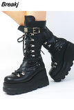 Design Gothic Style Platform Mid-Calf Boots Big Size 43 2023 New Winter INS Hot Sale Comfy Woman Shoes Motorcycle