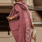 Fashion Back Letter Printed Loose Coats Women Fall Winter Elegant Hooded Overcoat Casual Pockets Office Lady Knit Tops