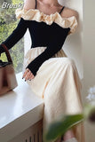 Sleeve Elegant Midi Dress Woman Casual Korean Fashion Evening Party Dress 2023 Autumn Patchwork Design Slim Vintage