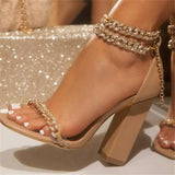 Sandals Crystal Chain High Heels Female Shoes Woman Square Heel Open Toe Buckle Strap Ladies Footwear 2022 New Fashion