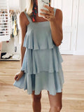 Summer New Popular Layered Ruffles Dress Women Solid Elegant Square Collar Beach Dress Fashion Sexy Sleeveless Loose Sling