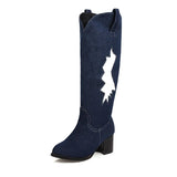 Round Toe Chunky Heel Denim Mid-Calf Long Boots Womens Heeled Jeans Slouchy Boots Girls Spring Autumn Shoes 2020 New