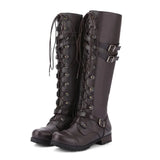 Breakj Boots Round Head Belt Buckle Flat-Bottomed Long Boots Women Autumn And Winter New Rivet Tie With High-Spring Knight