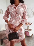 Ladies Popular Fashion Letter Print Dresses Spring Autumn Women Casual Long Sleeve Mini Dress Lapel Single-breasted Beach