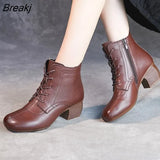 Autumn Winter Warm Boots Women 2022 Retro Handmade Lace-up Genuine Leather Round Toe Women Thick Heel Ankle