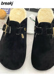Fashion Women Winter Cork Slippers Closed Toe Artificial Fur Inside Low Heel Casual Soft Warm Fluffy Slide