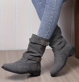 The Autumn And Winter Of 2025, The Belt Buckle Round Head Thick Bottom Mid-Sleet Boots Women Flat Bottom Low Heel