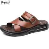 Genuine Leather Summer Shoes Men Sandals Flat Non-slip Soft Leather Mens Beach Sandals Holiday Shoes Black Brown