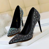 Breakj Korean Version Of Fashion Banquet Women's Shoes Thin Heel Shallow Mouth Pointed Head Sexy Show Thin Water Diamond Color Diamond High Heel Single