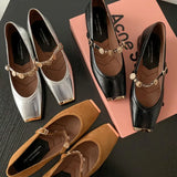 Collision Proof Metal Square Head Single Shoes Women's Fashion Spring Low Heel One Word Buckle Shallow Mouth Single Shoes Leather Mary