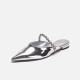 Leather Rhinestone Belt Sandals Woman Pointed Toe Slippers Flat Low Heels Mules Ladies Casual Slides Home&Outside