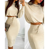 Commute Women Casual Printed Long Sleeves T-shirt Skirt Two Piece Set Autumn Elegant High Waist Office Lady Vestidos