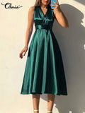 2022 Women Party Dress Celmia Sexy V Neck Elastic Waist Satin Long Vestidos Elegant Sleeveless Blackless Clubbing Midi