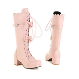 Women Platform Vintage Lolita Boots Cosplay Chunky Heel Cute Bow Shoes Round Toe Mid-Calf Kawaii Cross-Tied Princess