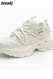 Chunky Sneakers Women'S Mesh Lace-Up Platform Shoes Round Toe Real Leather Casual Sneakers Size