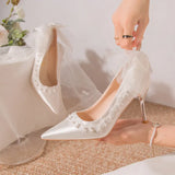 Breakj Bow High Heel Bridesmaids Shoes Pearl Fine Heel Temperament Banquet Shoes 2025 New Haute Couture