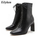 Size 35-42 Women Square Head Ankle Boots Fashion Cross Strap Square High Heels Winter Shoes Zipper Office Lady