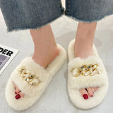 Fluffy Women slippers Gold Chain Fur slippers Shoes Women Fox Fur Flip Flop Flat Furry Fur Slides Outdoor Sandals
