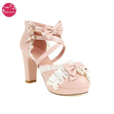 Side Empty High Heels Women Dress Shoes Ankle Strap String Bead Pearl Princess Cosplay Lolita Wedding Pumps Sweet Lace Edge