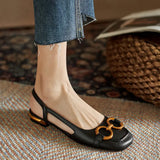 Summer Women Low Heel Sandals Square Toe Fashion Metal Decoration Mature Slingback Buckle Strap Office Ladies Casual