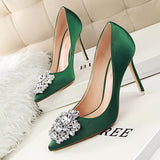 Breakj Korean Version Of Water Diamond Women's Shoes Thin Heel High Heel Sexy Show Thin Shallow Mouth Pointed Shiny Water Diamond With Buckle Single