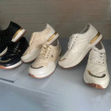 Women 2023 Autumn Wedges Lace-Up Sneakers Solid Color Sewing Platform Sport Style Vulcanized Shoes Casual Ladies Tennis
