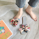Breakj Ribbon Bow Flat And Flat-Bottomed Slippers Women Summer New Wear Broken Flowers One Word