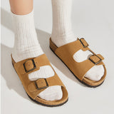 New Summer Beach Holiday Women Cork Slipper Casual Buckle Non-slip Outside Nubuck Leather Slides