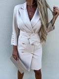 Women Spring New Suit Collar Long Sleeve Dress Elegant Solid Color Lace-Up Slim Waist Dress 2022 Chic A-Line Dress Party