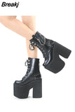 Punk Womens Platform Boots Black Buckle Strap Zipper Creeper Wedges Shoes Mid Calf Military Combat Boots Winter De