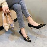 Breakj Source Of Light Luxury Buckle High Heel Women's Fine Heel Black Working Shoes Tip Single Shoes 2025 Autumn