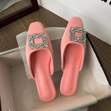Breakj Half Drag Female 2024 Summer New Fashion Rhinestone Square Buckle Flat Bottom Cool Drag Flat With Slippers Women's Shoes
