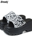 Dropship 2023 Summer Brand New Women Single Band Platform Sandals Black Nylon Chunky Platform Wedges Slipper
