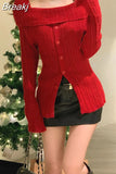 Winter Red Casual Knitted Sweater Woman Slim Korean Style Elegant Tops Office Lady Long Sleeve Fashion Pullover