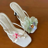 Handmade Asymmetric Flower Sandals Women 2025 New Silk Satin Clip Heel Half-Wtwing High