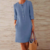 2020 Winter Autumn Button Cotton Linen Dress women Elegant O-Neck Knee length Long Sleeve Pocket Solid Dress Plus Size