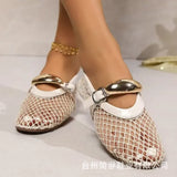 Breakj Plate Round Head Niche Fish Grid Hollow Ballet Shoes Women New Fashion Simple Flat Belt Buckle Single