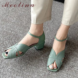 Sandals Shoes Women Genuine Leather Ankle Strap Shoes Med Thick Heel Sandals Square Toe Cow Leather Lady Sandals