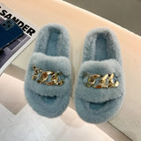 Fluffy Women slippers Gold Chain Fur slippers Shoes Women Fox Fur Flip Flop Flat Furry Fur Slides Outdoor Sandals