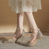 Sequin Crystal Wedding Shoes 2023 New Hollow Single Shoe Shallow Mouth Female Pointed Head Sexy Fashion
