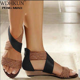 New Fish Mouth Leather Canvas Women Weave Wedge Heel Shoes Zipper Sandals Casual Beach Sandals Roman