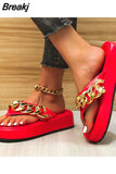 Sumer Women Colorful Graffiti Printed Platform Flip Flops Golden Chain Casual Sandals Ladies Beach Shoes Outdoor