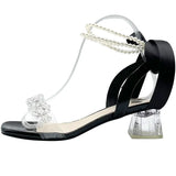 Black Bling Crystal Sexy Women Sandals Square Heel Ankle Strap Gladiator Women Shoes Pearl Bowknot Wedding Rhine Stone