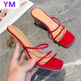 2021 Summer Women Sandals Slides High Square Block Heel Slippers Black White Red Casual Peep Toe Outdoor Slip-on Lady